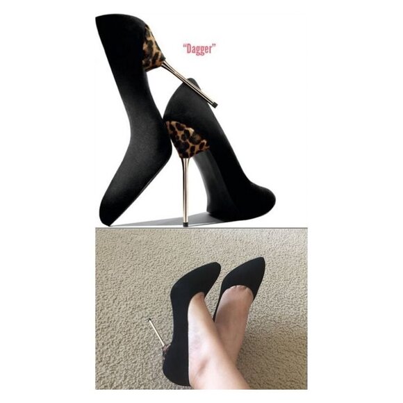 STUART WEITZMAN Dagger Black Leopard Print Metal Stiletto Heel Suede Pumps